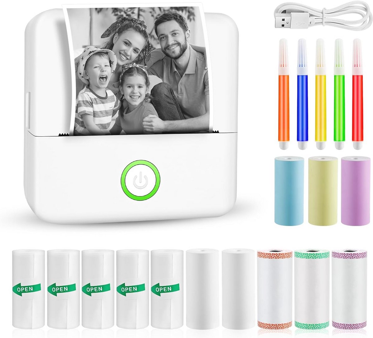 Draadloze Mini Fotoprinter voor Smartphone - Thermische Printer met 13 Rollen Papier en Kleurpotloden - Draagbare Instant Printer voor Foto's en Stickers