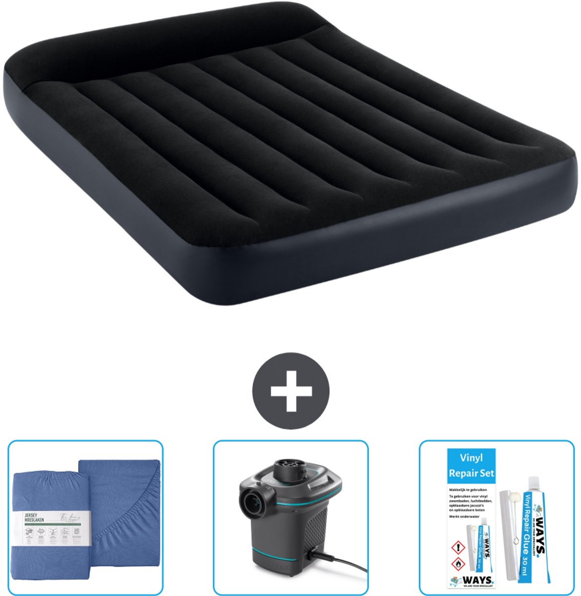 Intex Luchtbed - Twijfelaar - 137 x 191 x 25 cm - Donkerblauw - Inclusief Hoeslaken - Pomp en Reparatieset
