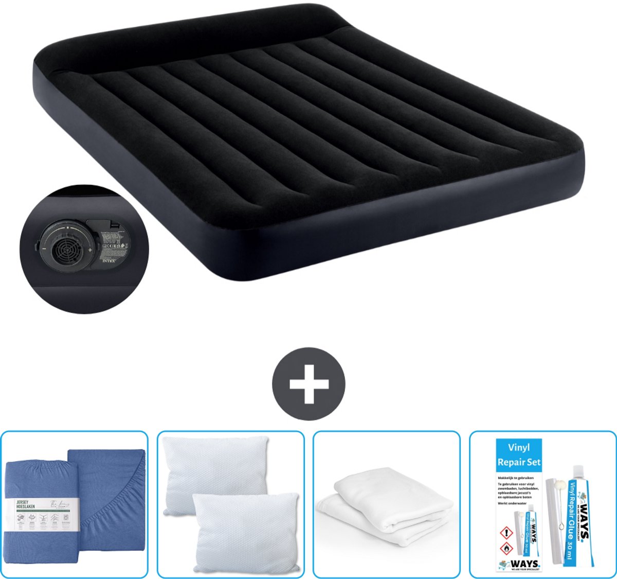 Intex Luchtbed - 2-Persoons - 152 x 203 x 25 cm - Blauw - Inclusief pomp - Hoeslaken - Kussen - Reparatieset en Kussenbeschermer