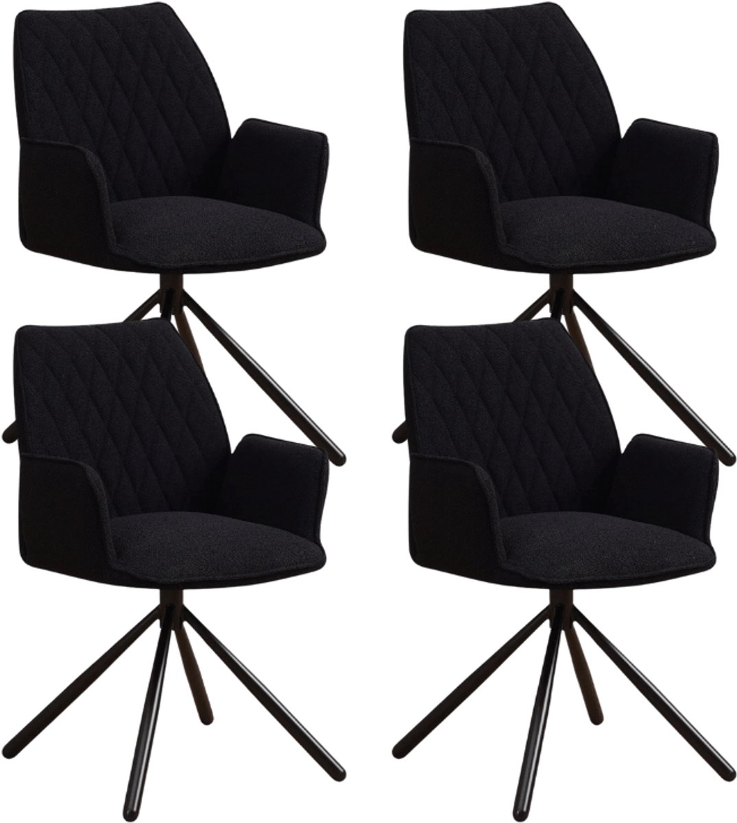 Dimehouse Set van 4 Draaibare Eetkamerstoelen Novan Zwart Bouclé – 180° Draaibaar - Stof - Scandinavisch & Basic