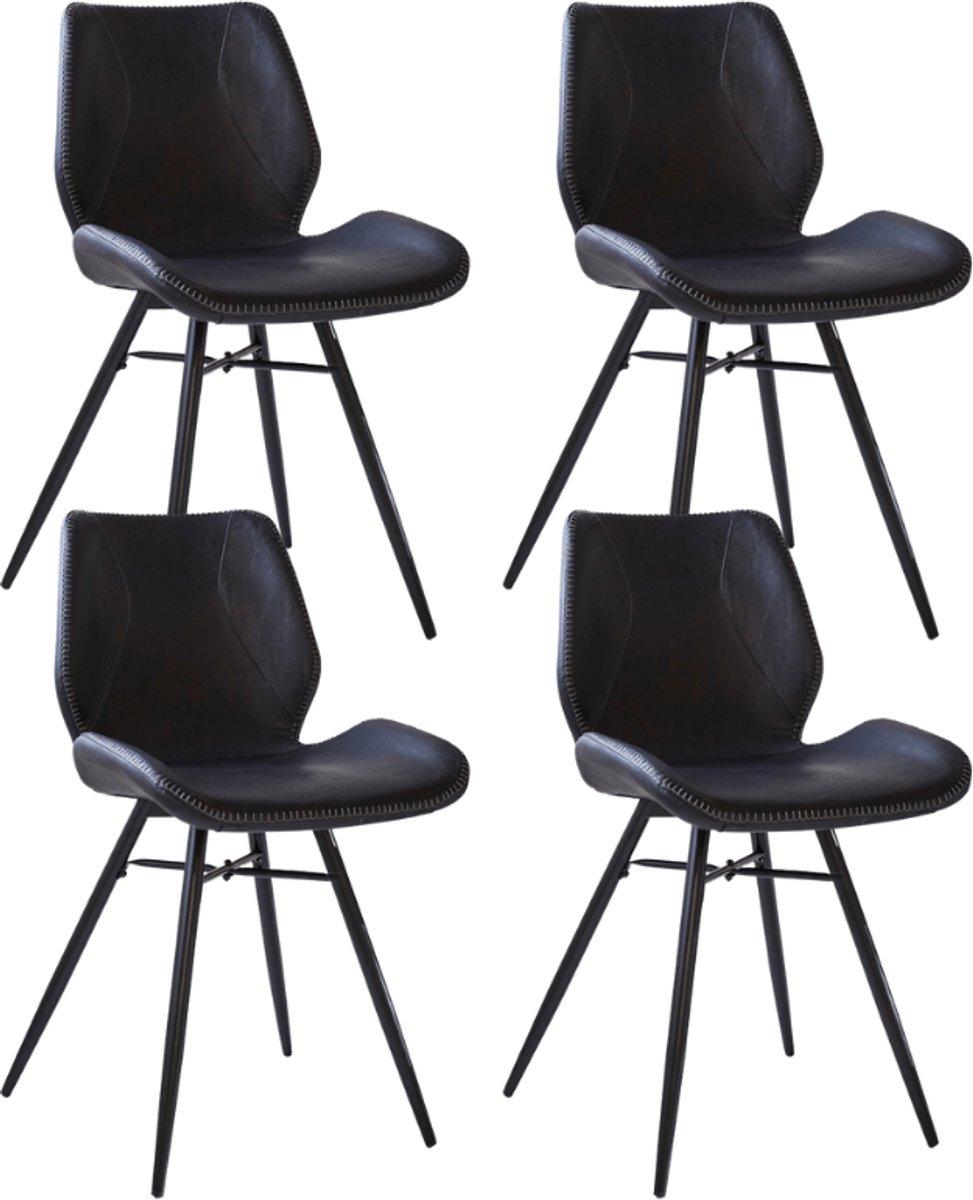 Dimehouse Set van 4 Eetkamerstoelen Beau Industrieel Zwart Kunstleer - Zonder Armleuningen - Kunstleer - Industrieel