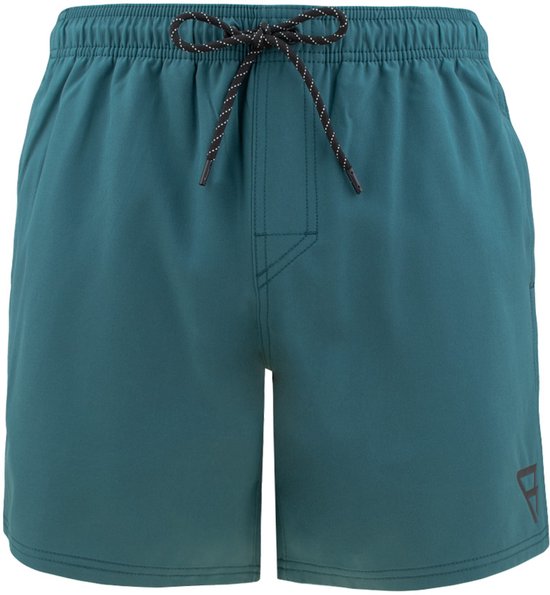 Short de bain bleu-vert avec ceinture élastique, cordon noir et logo sur la jambe droite.