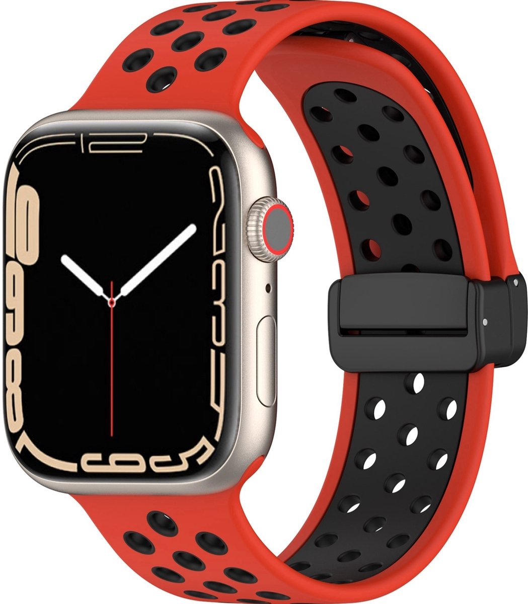 Mobigear Siliconen Watch bandje geschikt voor Apple Watch Bandje Magneetsluiting | Mobigear Sport Plus Mag - 42/41/40/38 mm - Zwart / Rood