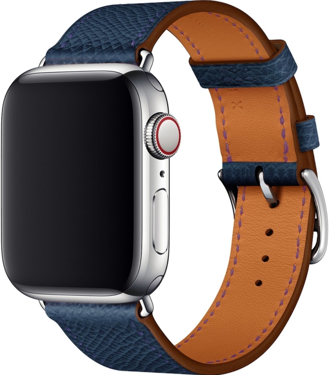 Mobigear Leren Watch bandje geschikt voor Apple Watch Bandje Gespsluiting | Mobigear Torino - 49/46/45/44 mm - Donkerblauw