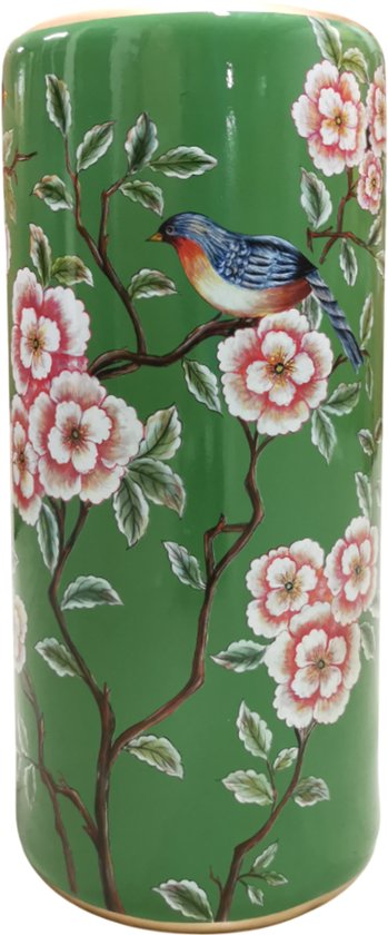 Fine Asianliving Keramische Parapluhouder Vaas Groen Vogels Handgemaakt - Berwyn D20xH45cm