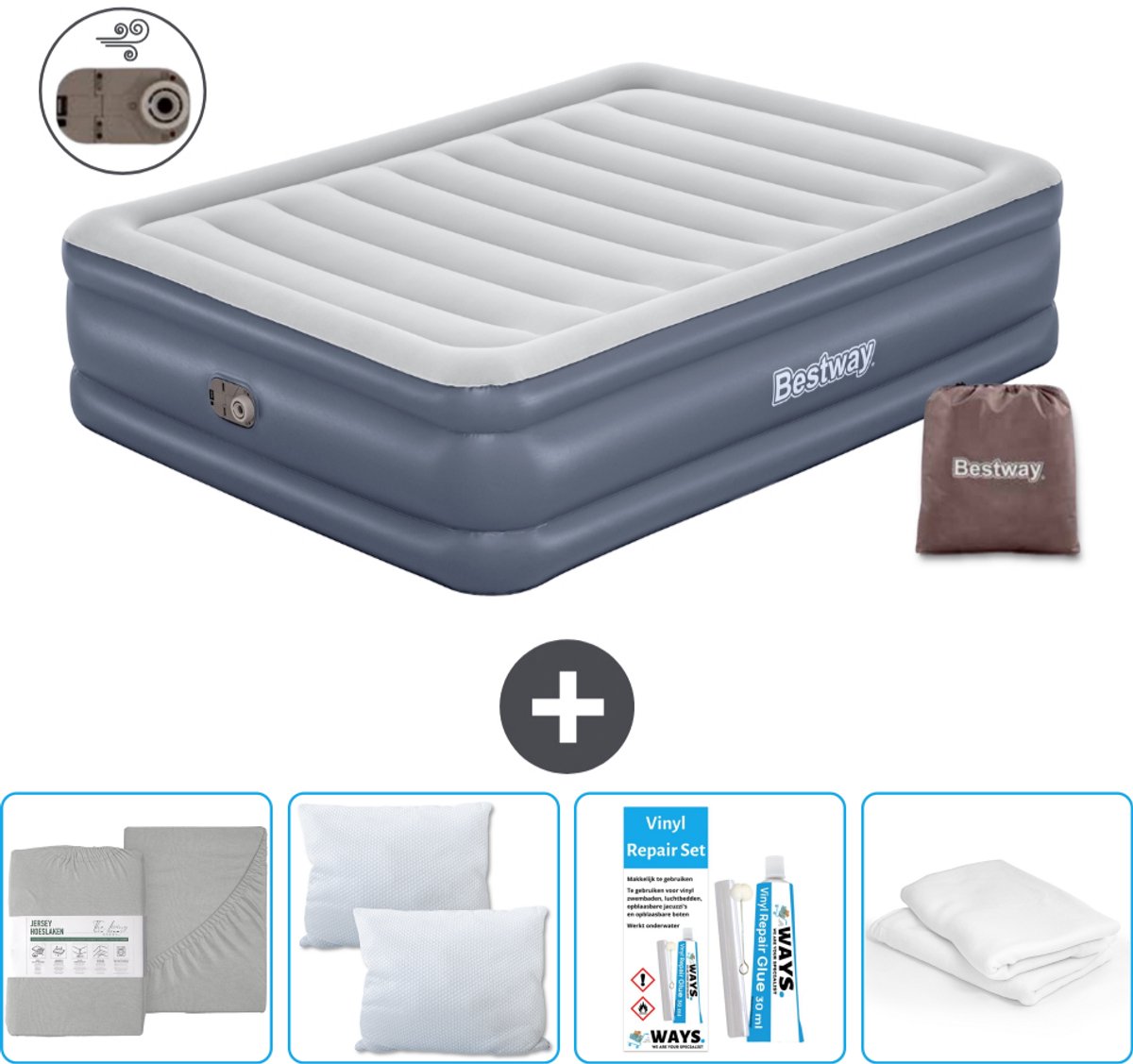 Bestway luchtbed - 2-Persoons - 152 x 203 x 51 cm - Grijs - Inclusief pomp - Hoeslaken - Kussen - Kussenbeschermer en Reparatieset