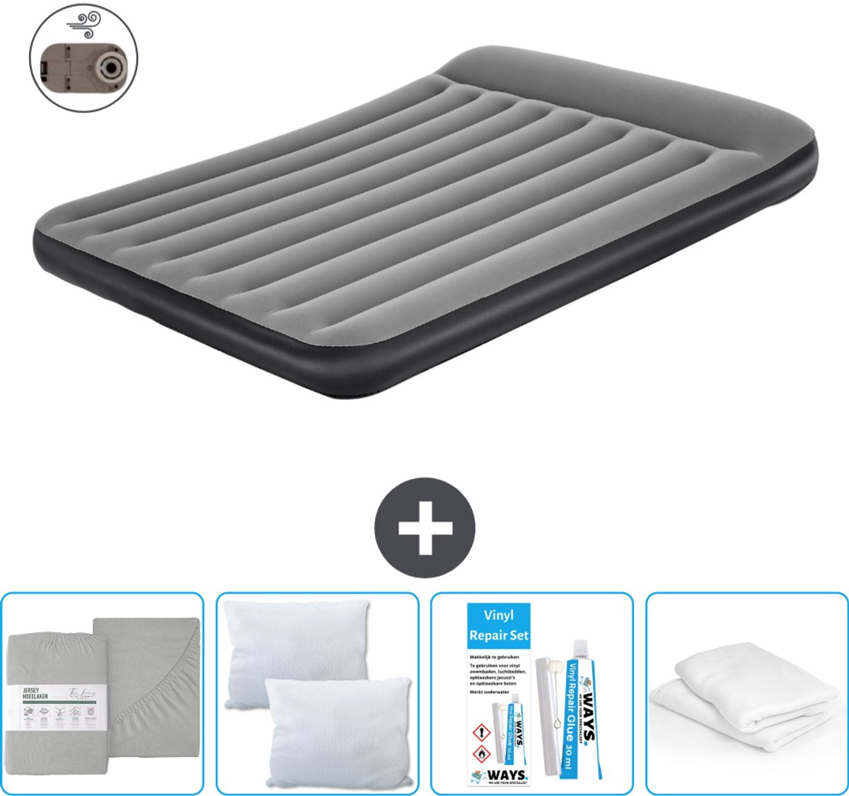Bestway luchtbed - 2-Persoons - 152 x 203 x 30 cm - Grijs - Inclusief pomp - Hoeslaken - Kussen - Kussenbeschermer en Reparatieset