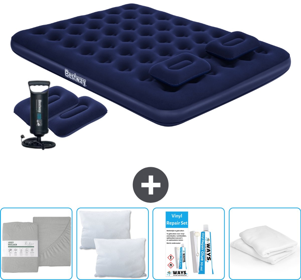 Bestway luchtbed - 2-Persoons - 152 x 203 x 22 cm - Blauw - Inclusief handpomp - kussens - Hoeslaken - Kussen - Kussenbeschermer en Reparatieset