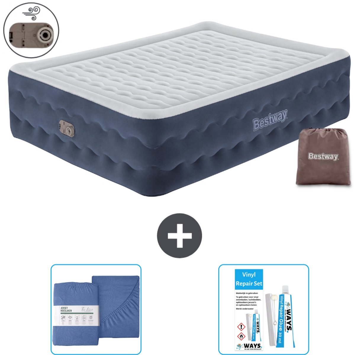 Bestway luchtbed - 2-Persoons - 152 x 203 x 51 cm - Blauw - Inclusief pomp - Hoeslaken en Reparatieset