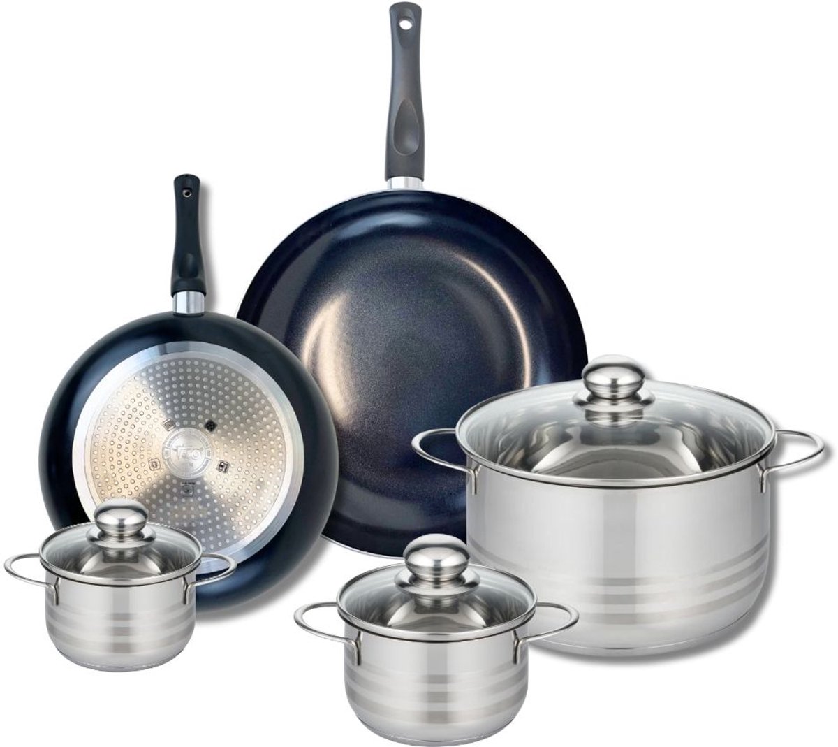 Set van 2 Koekenpannen 24 en 28 cm en 3 Kookpotten 12, 14 en 24 cm Elo Prima Glanzend