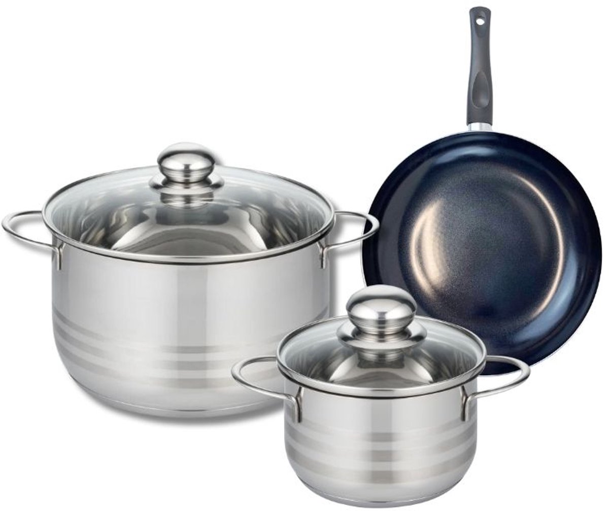 Set van 1 Koekenpan 20 cm en 2 kookpotten 16 en 24 cm Elo Prima Glanzend