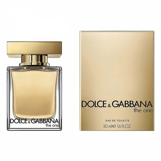 Dolce & Gabbana The One Eau de Toilette 50ml flesje naast de gouden doos.