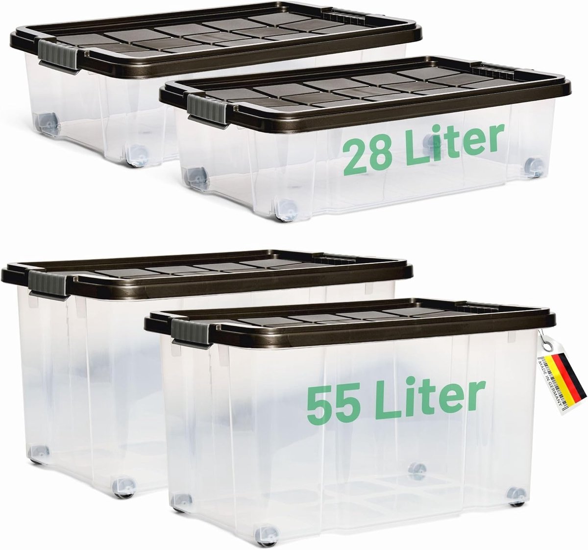 Novaliv 4-delige voordeelset opbergdoos met deksel, antraciet, 2x 55 L + 2x 28 L, nestbaar, stapelbaar, clipsluiting, rolboxen, BPA-vrij