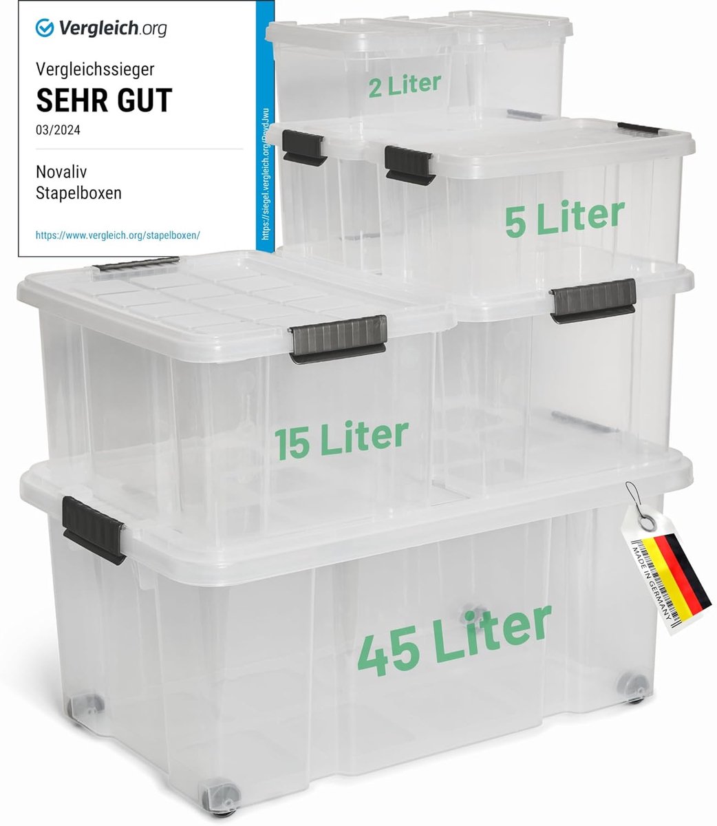 Novaliv 7-delige set opbergdozen met deksel, transparant, 1x45L + 2x 15L + 2x 5L + 2x 2L, nestbaar, stapelbaar, clipsluiting, roldozen, BPA-vrij