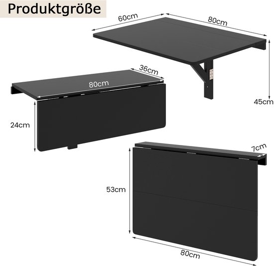 COSTWAY Wandgemonteerde klaptafel, 80 cm x 60 cm, inklapbare wandtafel van grenenhouten poten, ruimtebesparende wandklaptafel voor keuken, slaapkamer, eetkamer, werkkamer, tot 40 kg belastbaar (zwart)