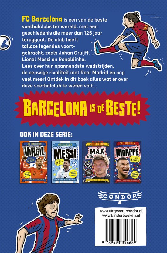 De achterkant van een boek met informatie over FC Barcelona, een tekening van Johan Cruijff en andere boeken uit de serie.