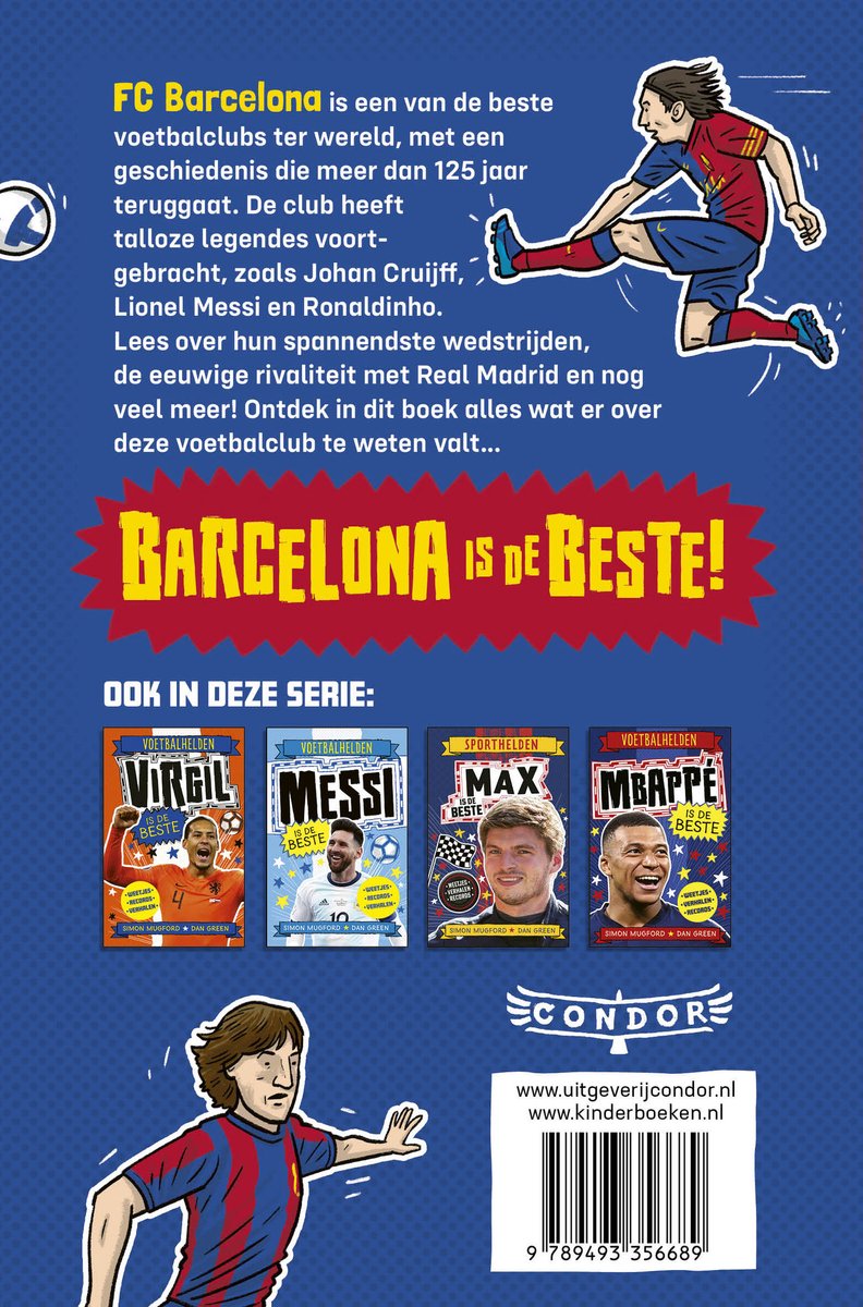 De achterkant van een boek met informatie over FC Barcelona, een tekening van Johan Cruijff en andere boeken uit de serie.