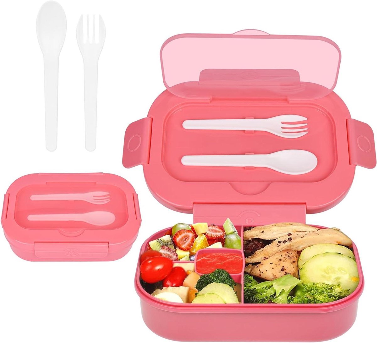 Allecto Plus - Lunchbox 1300 ml met 4 vakken, lekvrij, incl. lepel en vork, magnetron/vaatwasserbestendig, BPA-vrij - roze, voor school & kleuterschool.