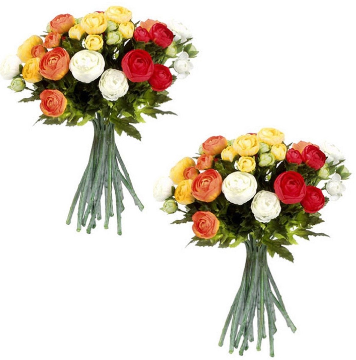 Mica Decorations Boeket - 2x stuks - kunstbloemen - oranje/wit - Ranunculus/ranonkel - 35 cm - Bruidsboeketten Multi