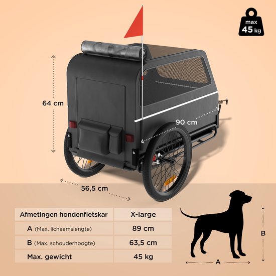TrevoPet® Hondenfietskar XL - Opvouwbare Fietskar Hond - Hondenkar met Loopplank, Veersysteem & Weerbestendig - Geschikt voor E-Bikes - 45 kg - Zwart