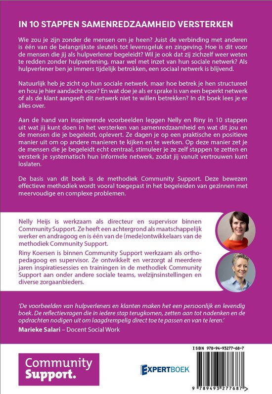 Achterkant boek met tekst over samenredzaamheid en profielen van Nelly Heijs en Riny Koersen. Community Support logo.