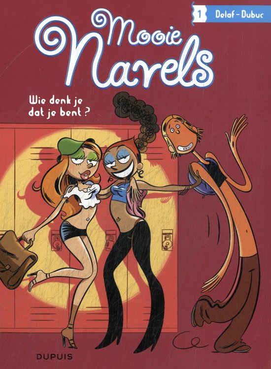 Titre 'Mooie navels' avec trois filles dessinées aux vêtements colorés devant des casiers d'école. À gauche, une fille aux cheveux roux et casquette verte, au milieu une fille aux cheveux foncés et top rose, à droite un garçon à la peau orange.