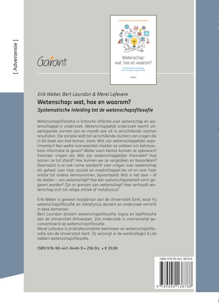 Boekcover met de titel: Wetenschap: wat, hoe en waarom? Systematische inleiding tot de wetenschapsfilosofie. Met illustratie van brein en bol.