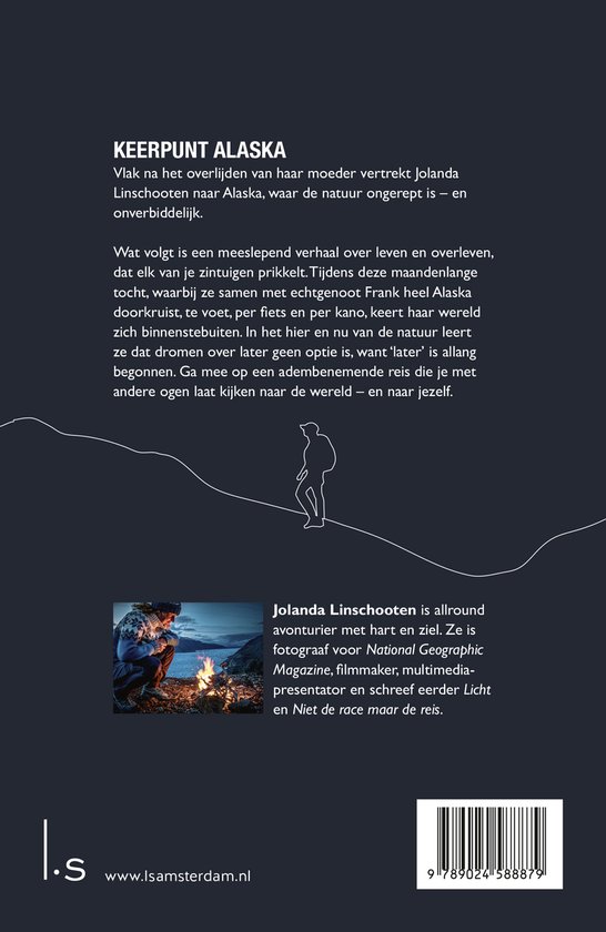 Boekomslag met een illustratie van een persoon op een berg en een vuurtje, en een foto van Jolanda Linschoten.