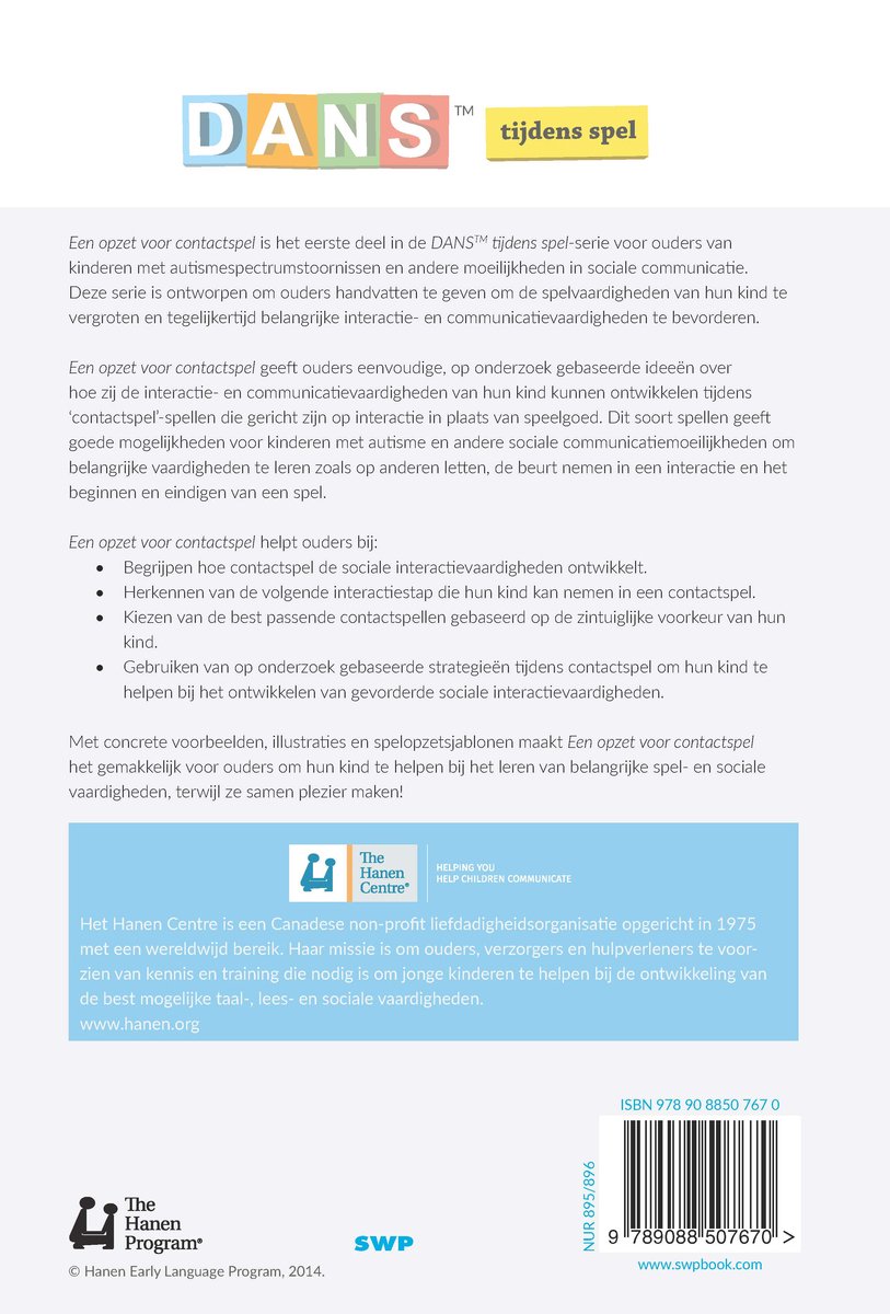 Boekomslag met tekst 'DANS tijdens spel', Hanen Centre logo en informatie over autisme.