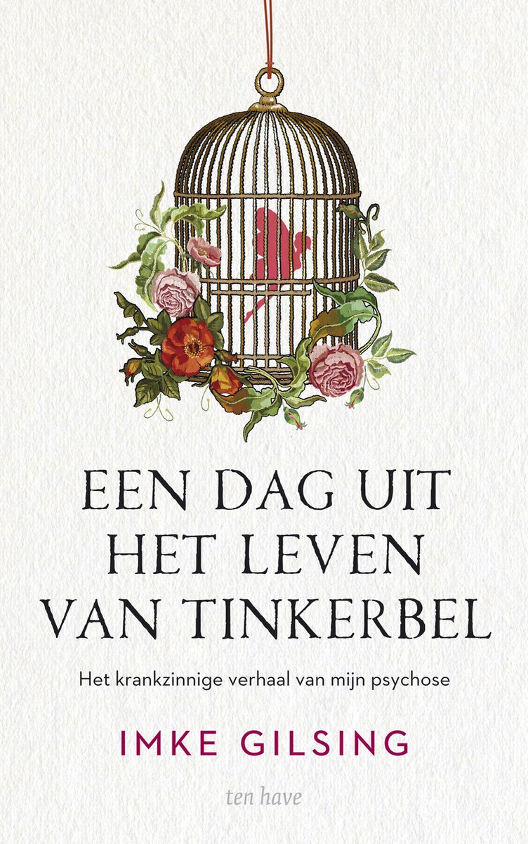Boekomslag met een vogelkooi met bloemen en een vogel erin. "Een dag uit het leven van Tinkerbel"