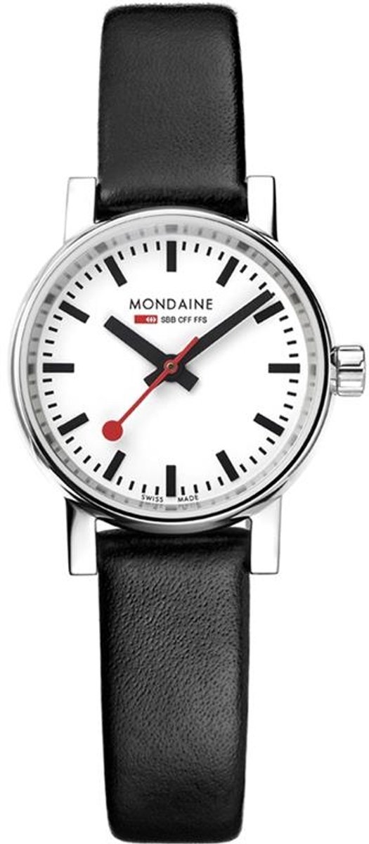Mondaine MSE.26110.LB Evo II Dames Horloge - Stationsklok - Saffierglas - Roestvrijstaal-Leer - Wit-Zilver-Zwart - Ø 26 mm - Quartz - 3 ATM (spatwater)