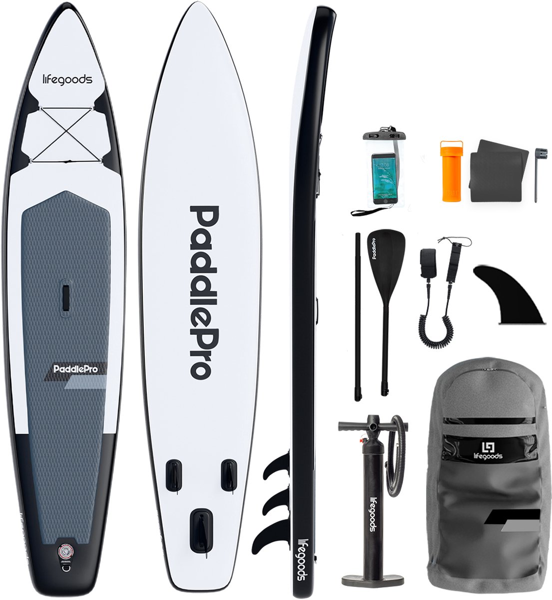 LifeGoods SUP Board Touring - 165 KG Draagkracht - 365 x 76 cm - Opblaasbaar - Compleet Sup pakket - Wit/Zwart