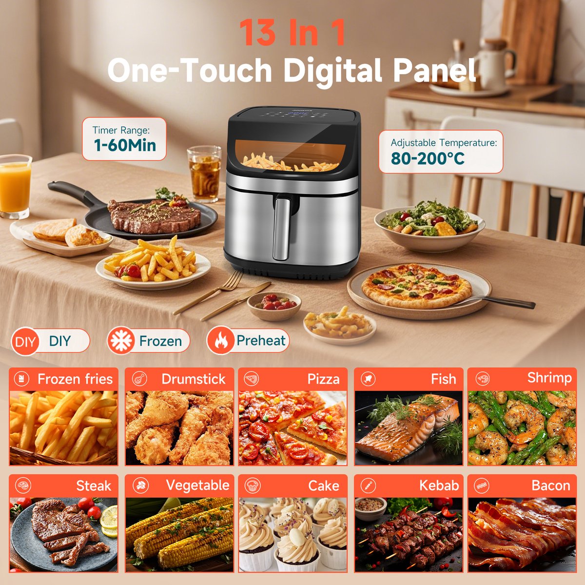 Afbeelding 2 van Aigostar OmniCook - Airfryer XXL - 8,8L - Dubbele verwarmingselementen - 2200W - Heteluchtfriteuse met kijkvenster - 13 Programma's