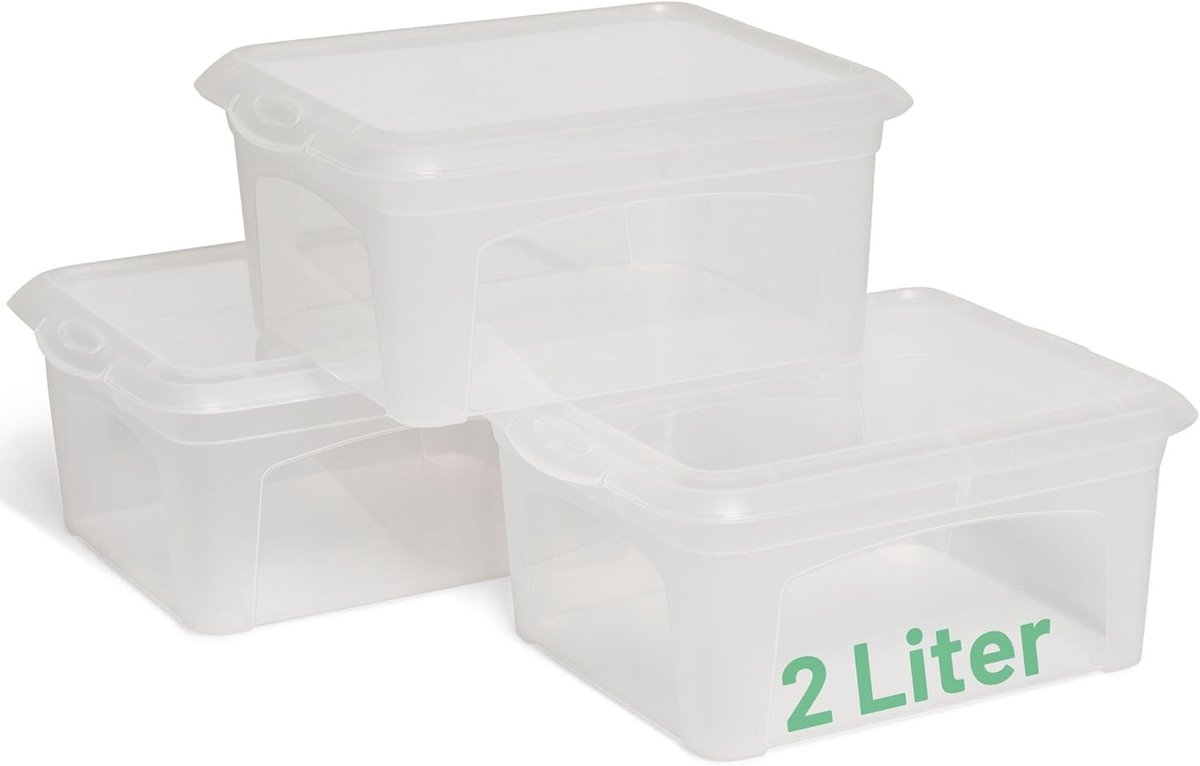 3x opbergdozen met deksel klein 2 L transparant nestbaar stapelbaar kunststof dozen met clipsluiting kunststof BPA-vrij 20x16,5x9 cm