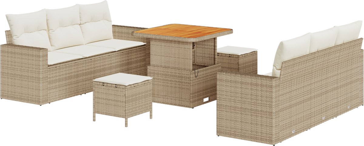 vidaXL - Tuinbank - Set - met - kussen - 9 - pcs - Beige - poly - rattan