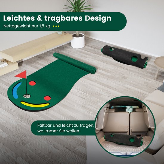COSTWAY 300 x 96 cm golfputtingmat, golfmat voor binnen en buiten, opvouwbare golfoefenmat met 3 putting cups en 1 vlag, putting green golf trainingsmat voor thuis, kantoor, erf van Merkloos — afbeelding 5