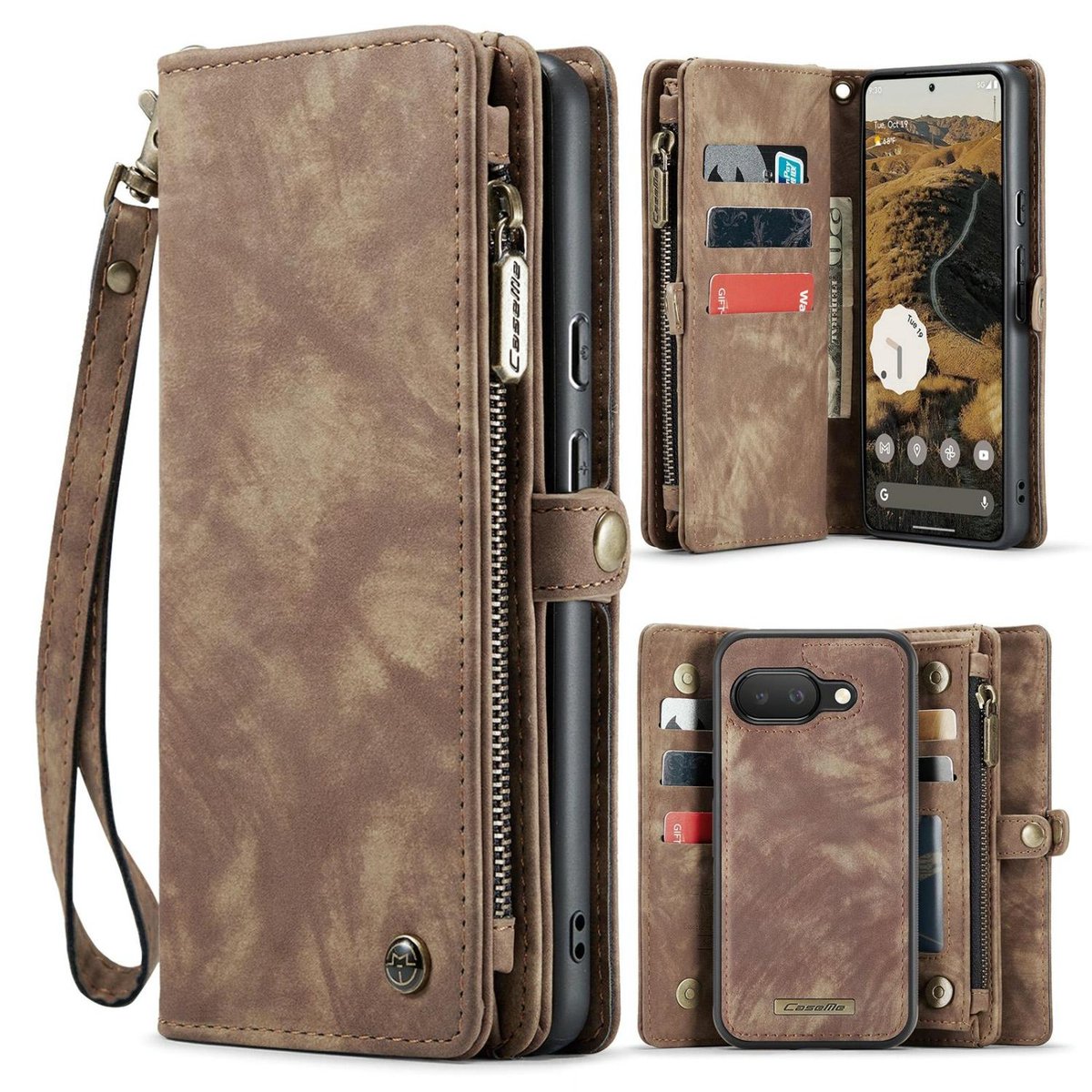 CaseMe Telefoonhoesje geschikt voor Google Pixel 9a Hoesje | CaseMe 008 Uitneembare 2in1 Bookcase Portemonnee | Pasjeshouder voor 8 Pasjes | Telefoonhoesje voor Pinpas / OV Kaart / Rijbewijs - Bruin