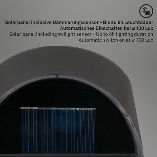 Solarpaneel met schemersensor, tot 8 uur brandtijd, automatisch aan bij 100 Lux.