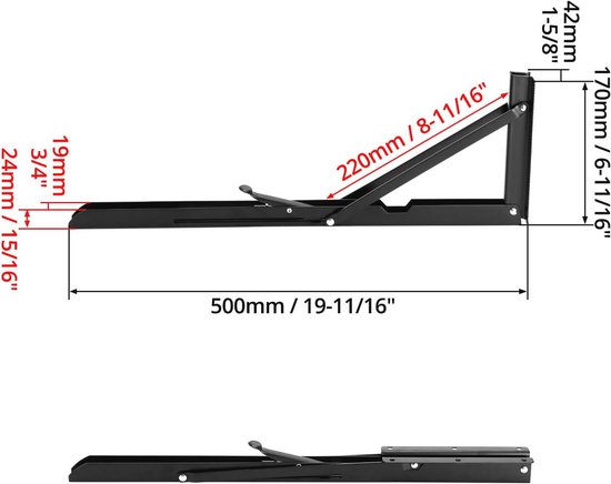 QWORK® 2 stuks 600 mm roestvrijstalen heavy-duty inklapbare beugel, ruimtebesparende inklapbare beugel voor doe-het-zelf werkbank, draagvermogen 150 kg