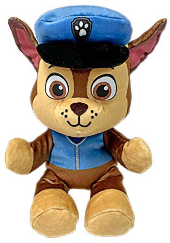 Chase, de politiehond van PAW Patrol, draagt een blauw uniform en een bijpassende pet met een politiebadge.