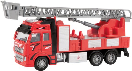 Rode brandweerwagen speelgoed met ladder omhoog.