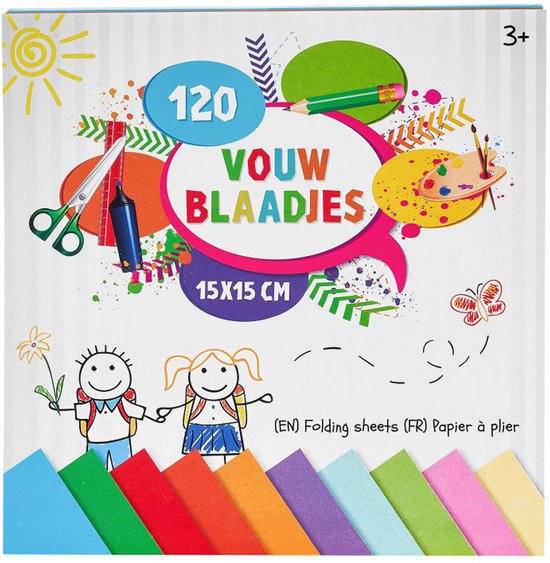 Verpakking van 120 vouwblaadjes van 15x15 cm in 10 kleuren, met kindertekeningen van een zon, bloem, kinderen, en origami vogels.