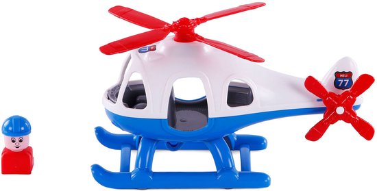 Blauw-witte speelgoedhelikopter met rode rotorbladen en speelfiguur.