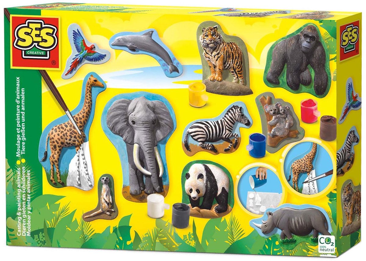 SES - Gieten en schilderen - Dieren - Gips Gieten - Maak een Giraffe, Gorilla, Panda en meer - sneldrogend - met vormpjes, gips, verf en penseel - knutselen jongens - knutselen voor kinderen - knutselen meisjes