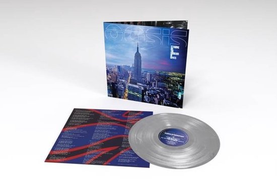 Pochette d'album Oasis avec l'Empire State Building. Disque vinyle argenté et pochette intérieure avec texte.