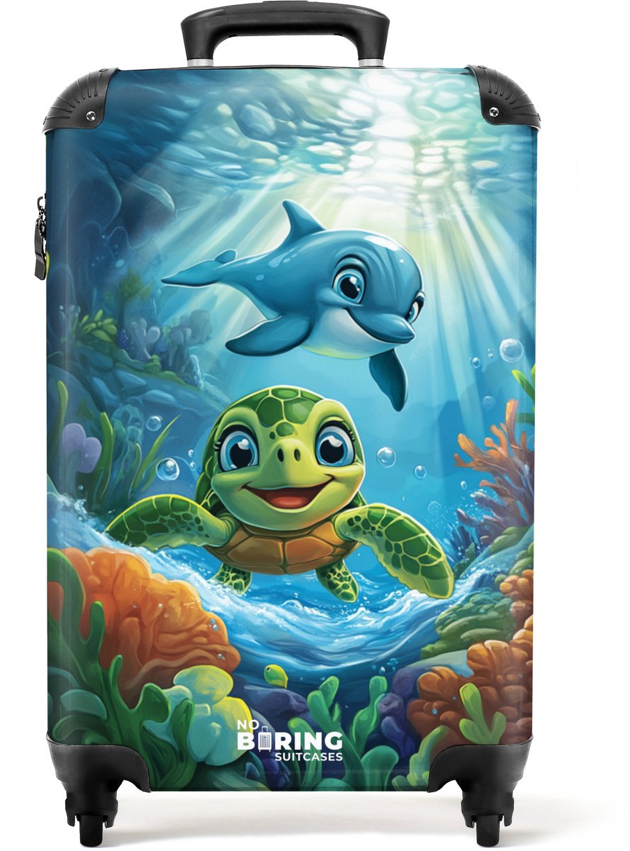 NoBoringSuitcases.com® - Kinderkoffer - Kindertrolley jongen en meisje - Schildpad en dolfijn in blauwe oceaan - Handbagage koffer lichtgewicht - Reiskoffer trolley kinderen - Rolkoffer met wieltjes - Past binnen 55x40x20 en 55x35x25