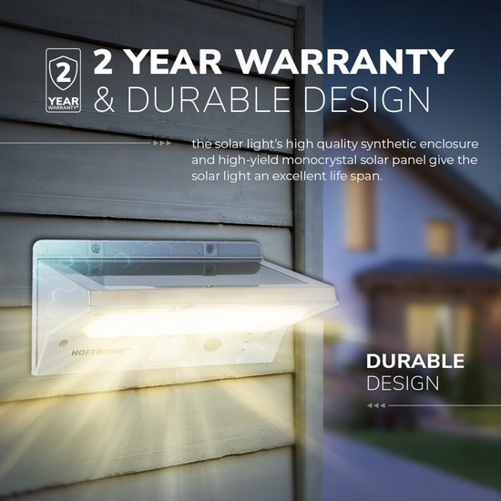 HOFTRONIC Burley - Solar Buitenlamp wandlamp - Met bewegingssensor & Inclusief schemerschakelaar - IP65 Waterdicht - Winter solar - 4000K Neutraal wit - 3 lichtstanden - Tuinverlichting op Zonne-energie - Down light - 2 jaar garantie