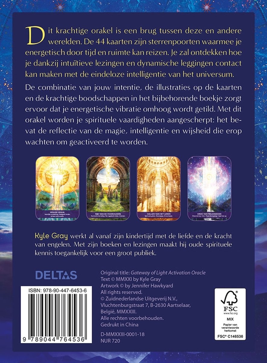 Dos de "La Porte de la Lumière" livre et cartes oracles avec texte et images des cartes.
