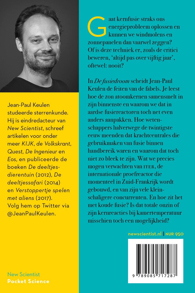 Foto van Jean-Paul Keulen met tekst over het boek "De Fusiedroom" en New Scientist Pocket Science.