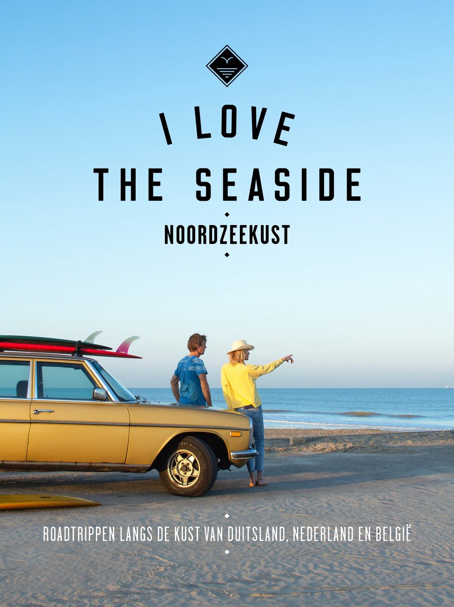 Een gouden stationwagen staat op het strand met surfplanken erop. Een stel kijkt naar de zee. Tekst: 'I LOVE THE SEASIDE NOORDZEEKUST'.